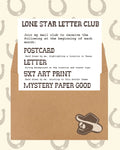 Envelope with Lone Star Letter Club subscription details on a patterned background