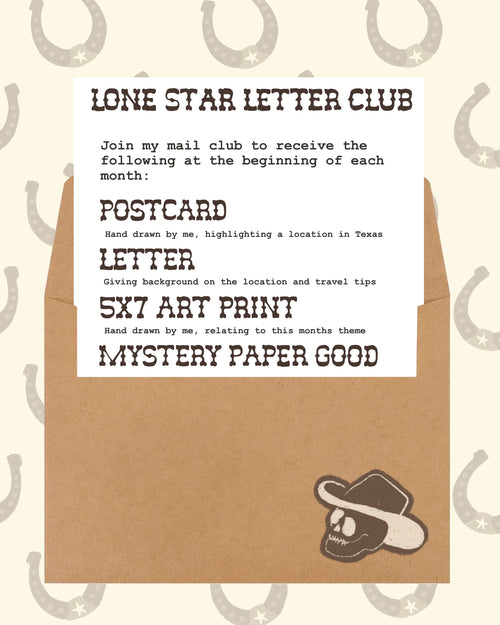 Envelope with Lone Star Letter Club subscription details on a patterned background